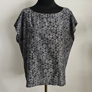 EUC EILEEN FISHER Women's Silk Cotton Geometric Print Chest Pocket Boxy Top L